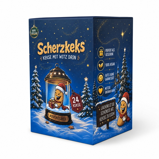 Scherzkeks Adventsbox mit 24 Keksen | Glückskekse mit lustigen Fragen & Antworten, als Adventskalender, zu Weihnachten, Wichteln, Silvester, Geschenk